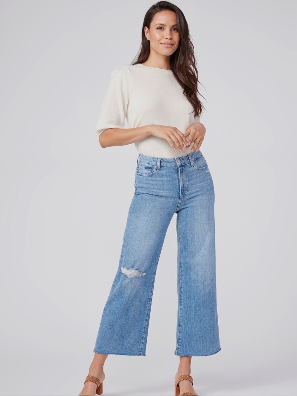 PAIGE Anessa Wide Leg Distressed Raw Hem Crop Denim Jeans Size 28 - Picture 2 of 9